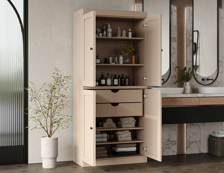 100% Solid Brazilian Pine Wood Bathroom Storage Cabinet, Shaker Doors, 2 Drawers, Adjustable Shelves, 32" Wide, 71.5" Tall