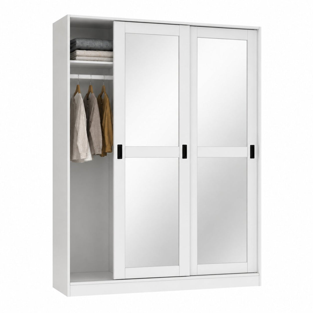 100% Solid Wood 3-Sliding Door Wardrobe Armoire with Mirrored Doors, Bedroom Closet Storage