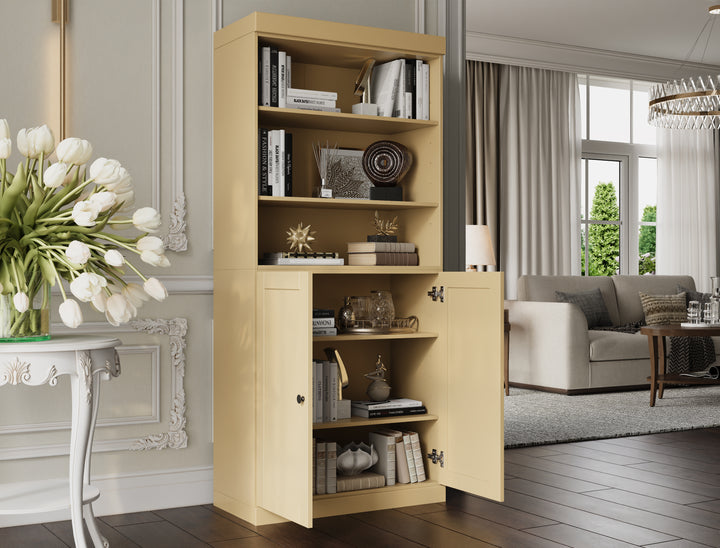 100% Solid Wood 6-Shelf 32" Bookcase Cabinet, 2 Solid Shaker Wood Doors, Adjustable Shelves