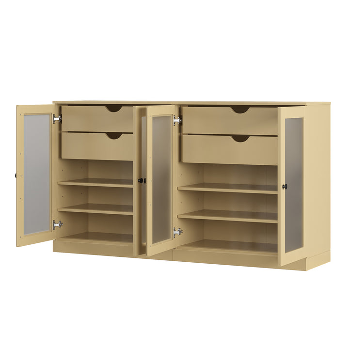 100% Solid Wood Sideboard Buffet with Frosted Glass Doors & 4 Drawers, Credenza Server for Dining Room Storage, Adjustable Shelves, 64" W x 35.75" H