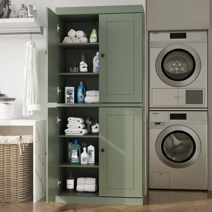 100% Solid Brazilian Pine Wood Bathroom & Laundry Storage Cabinet, Raised Panel Doors, Adjustable Shelves, 32" Wide, 71.5" Tall