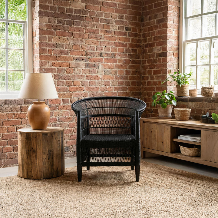 100% Solid Wood Frame Handwoven Natural Rattan Indoor Chair, Boho Farmhouse Accent Seating – Authentic African Craftsmanship