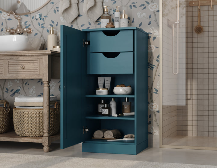 100% Solid Wood Bathroom Storage Cabinet, Raised Panel Door, 2 Drawers, Adjustable Shelves, 16.5" Wide, 35.75" Tall