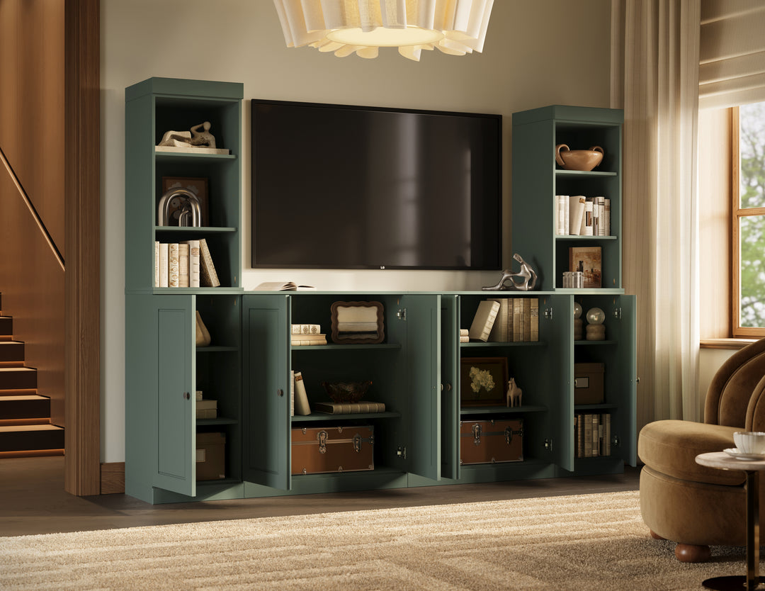 100% Solid Wood 6-Piece Entertainment Center Wall Unit with Storage, Open Cabinets & Raised Panel Doors, Adjustable Shelves, 97" W x 71.5" H