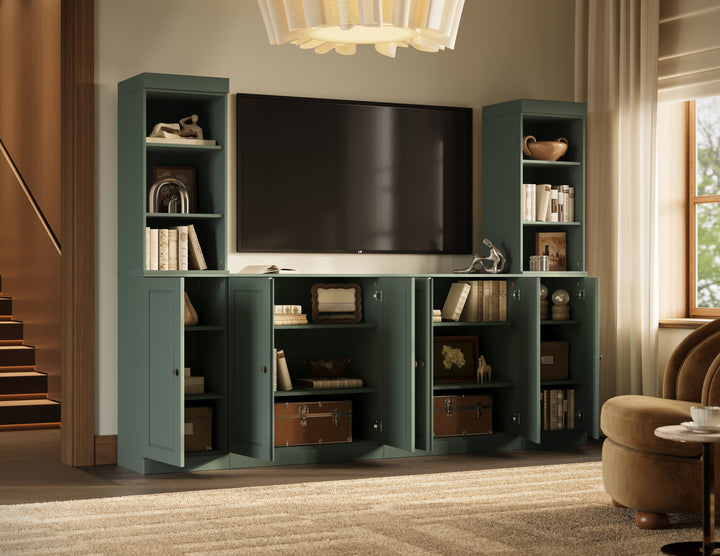 100% Solid Wood 6-Piece Entertainment Center Wall Unit with Storage, Open Cabinets & Raised Panel Doors, Adjustable Shelves, 97" W x 71.5" H