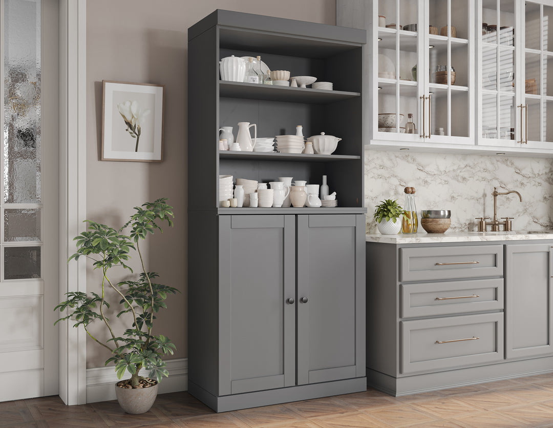 100% Solid Wood Kitchen Pantry Cabinet, Tall Freestanding Modular Storage with Open Shelf & Shaker Doors, Adjustable Shelves, 32" W x 71.5" H
