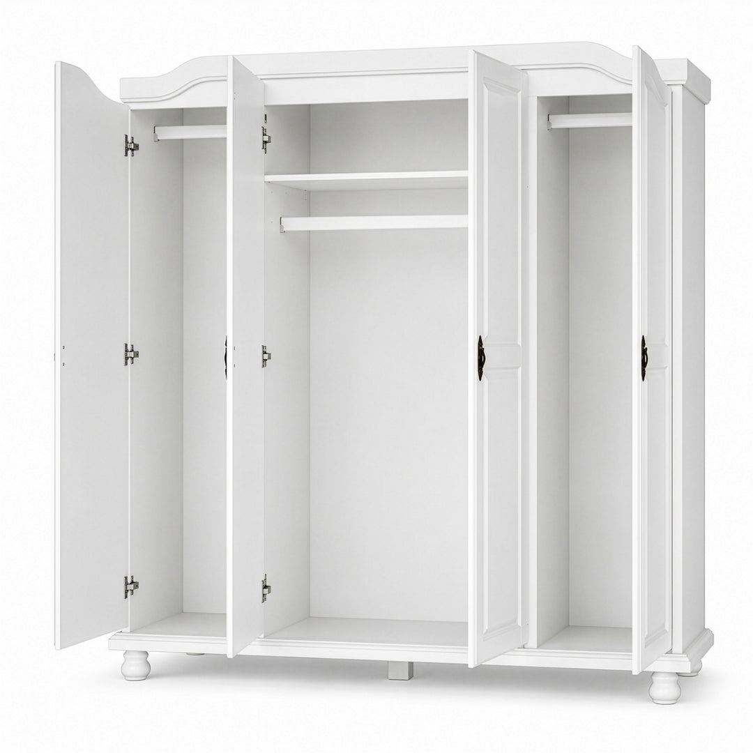 100% Solid Wood 4-Door Wardrobe Armoire with Raised Panel Doors, Bedroom Closet Storage - Kyle Collection