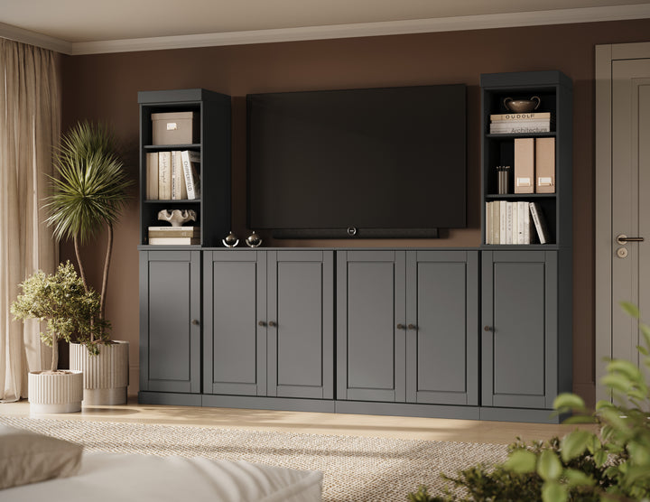 100% Solid Wood 6-Piece Entertainment Center Wall Unit with Storage, Open Cabinets & Raised Panel Doors, Adjustable Shelves, 97" W x 71.5" H