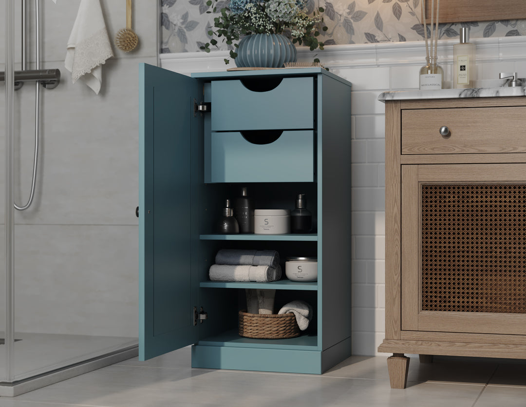 100% Solid Wood Bathroom Storage Cabinet, Raised Panel Door, 2 Drawers, Adjustable Shelves, 16.5" Wide, 35.75" Tall