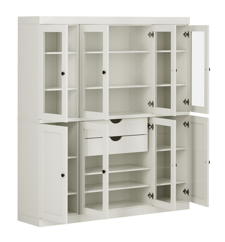 100% Solid Wood Kitchen Pantry Cabinet, Tall Freestanding Modular Storage with Glass & Shaker Doors & 2 Drawers, Adjustable Shelves, 65" W x 71.5" H