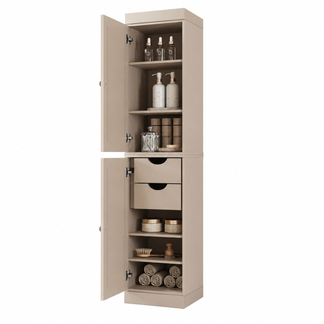 100% Solid Wood Bathroom Storage Cabinet, Raised Panel Doors, 2 Drawers, Adjustable Shelves, 16.5" Wide, 71.5" Tall