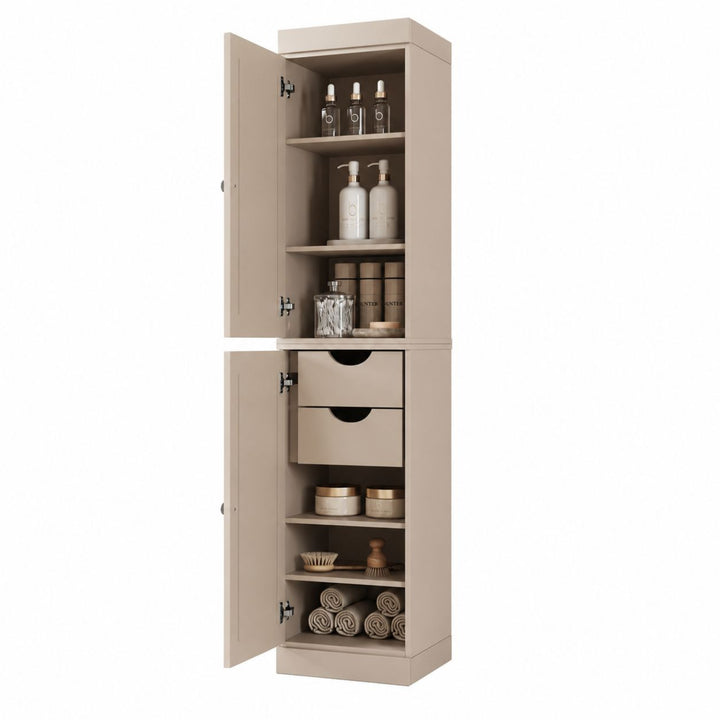 100% Solid Wood Bathroom Storage Cabinet, Raised Panel Doors, 2 Drawers, Adjustable Shelves, 16.5" Wide, 71.5" Tall