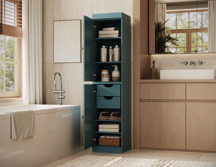 100% Solid Wood Bathroom Storage Cabinet, Raised Panel Doors, 2 Drawers, Adjustable Shelves, 16.5" Wide, 71.5" Tall