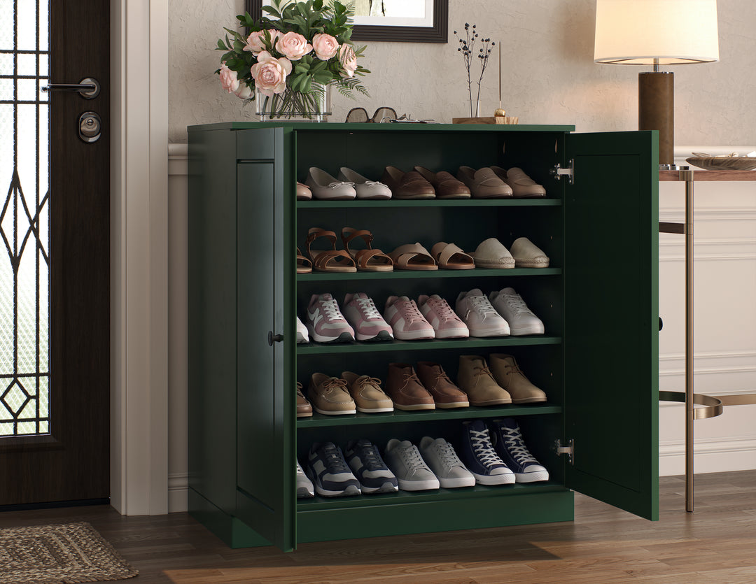 100% Solid Wood Shoe Storage Cabinet with Raised Panel Doors, Adjustable Shelves, Space Saving Stackable Entryway Organizer, 32" W x 35.75" H