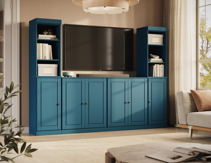 100% Solid Wood 6-Piece Entertainment Center Wall Unit with Storage, Open Cabinets & Raised Panel Doors, Adjustable Shelves, 97" W x 71.5" H