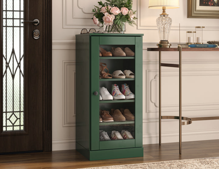 100% Solid Wood Narrow Glass Door Shoe Storage Cabinet with Adjustable Shelves, Space Saving Stackable Organizer, 16.5" W x 35.75" H