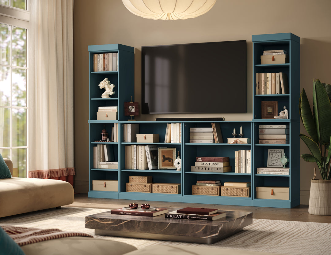 100% Solid Wood 6-Piece Entertainment Center Wall Unit with Storage, Open Cabinets, Adjustable Shelves, 97" W x 71.5" H