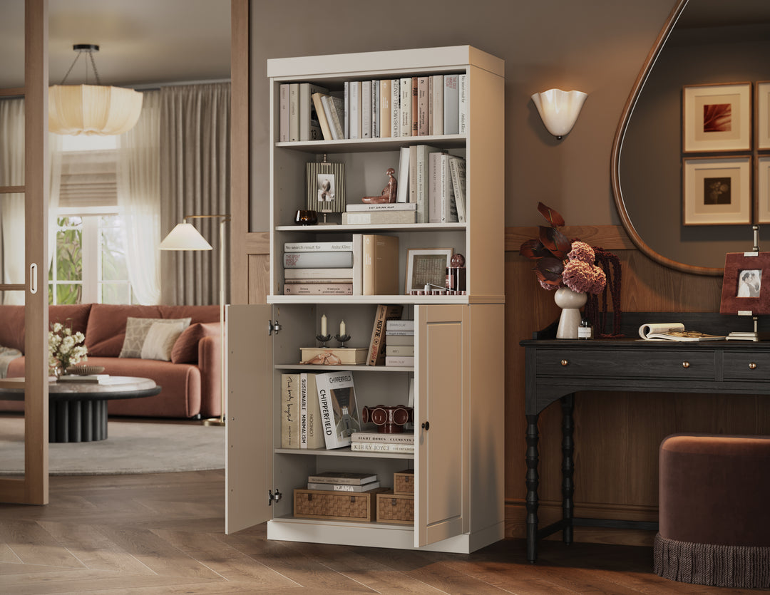 100% Solid Wood Tall Modular Bookcase Cabinet with Doors & Open Shelves, Storage Display Bookshelf with Adjustable Shelves, 32" W x 71.5" H