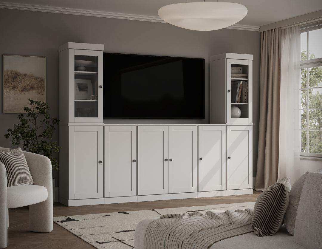 100% Solid Wood 7-Piece Entertainment Center Wall Unit with Storage, Shaker & Glass Doors, Adjustable Shelves, 98" W x 71.5" H