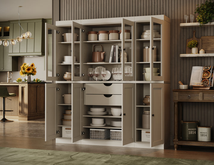 100% Solid Wood Kitchen Pantry Cabinet, Tall Freestanding Modular Storage with Glass & Shaker Doors & 2 Drawers, Adjustable Shelves, 65" W x 71.5" H