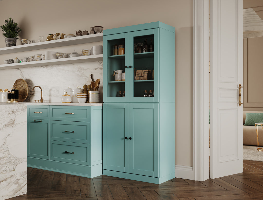 100% Solid Wood 32" Pantry Cabinet, 2 Clear Glass, 2 Shaker Doors, 2-Drawers