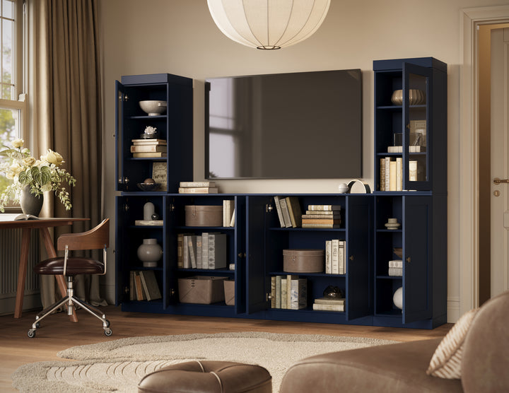 100% Solid Wood 6-Piece Entertainment Center Wall Unit with Storage, Glass & Shaker Doors, Adjustable Shelves, 97" W x 71.5" H