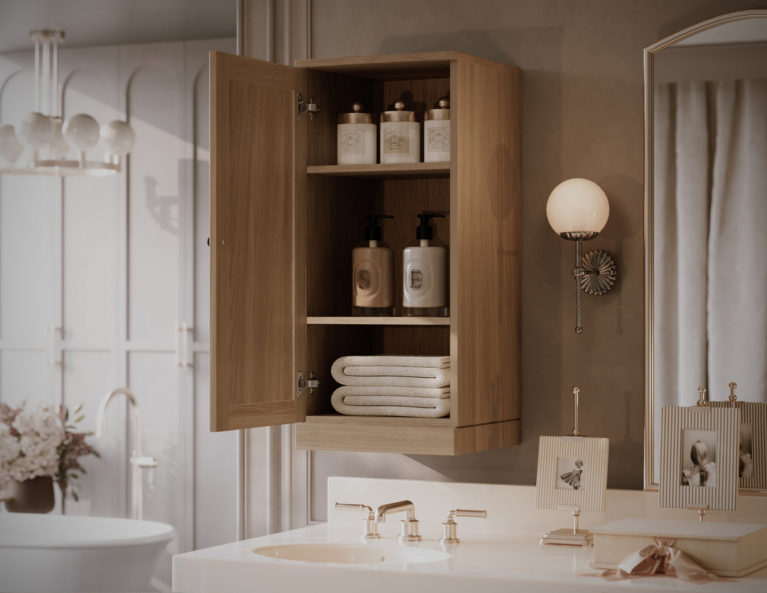 Premium 100% Solid European Oak Bathroom Wall Cabinet with Shaker Doors, 16" W x 35.75" H