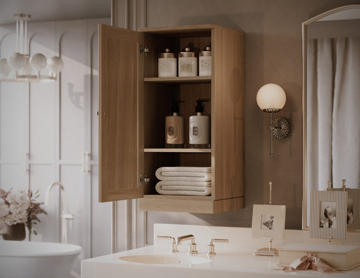 Premium 100% Solid European Oak Bathroom Wall Cabinet with Shaker Doors, 16" W x 35.75" H