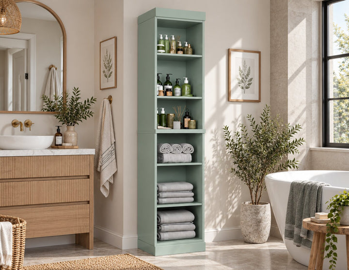 100% Solid Wood Tall Freestanding Modular Bathroom Linen Storage Cabinet with Open Shelves, Adjustable Shelves, 16.5" W x 71.5" H