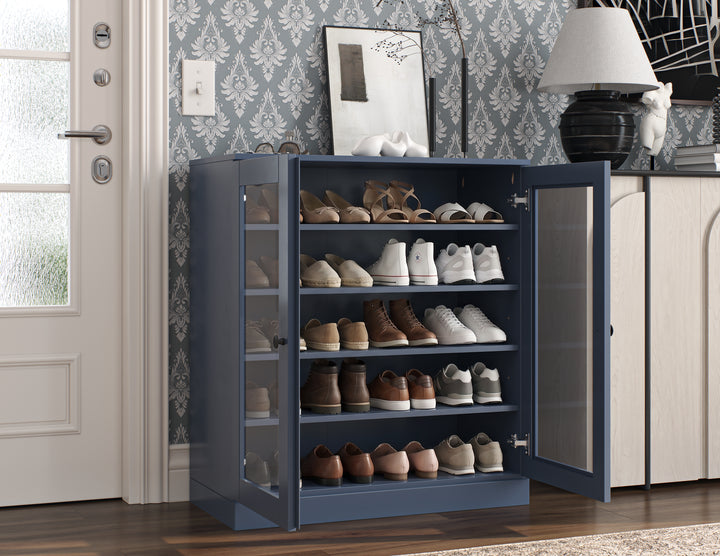 100% Solid Wood Glass Door Shoe Storage Cabinet with Adjustable Shelves, Space Saving Stackable Entryway Organizer, 32" W x 35.75" H