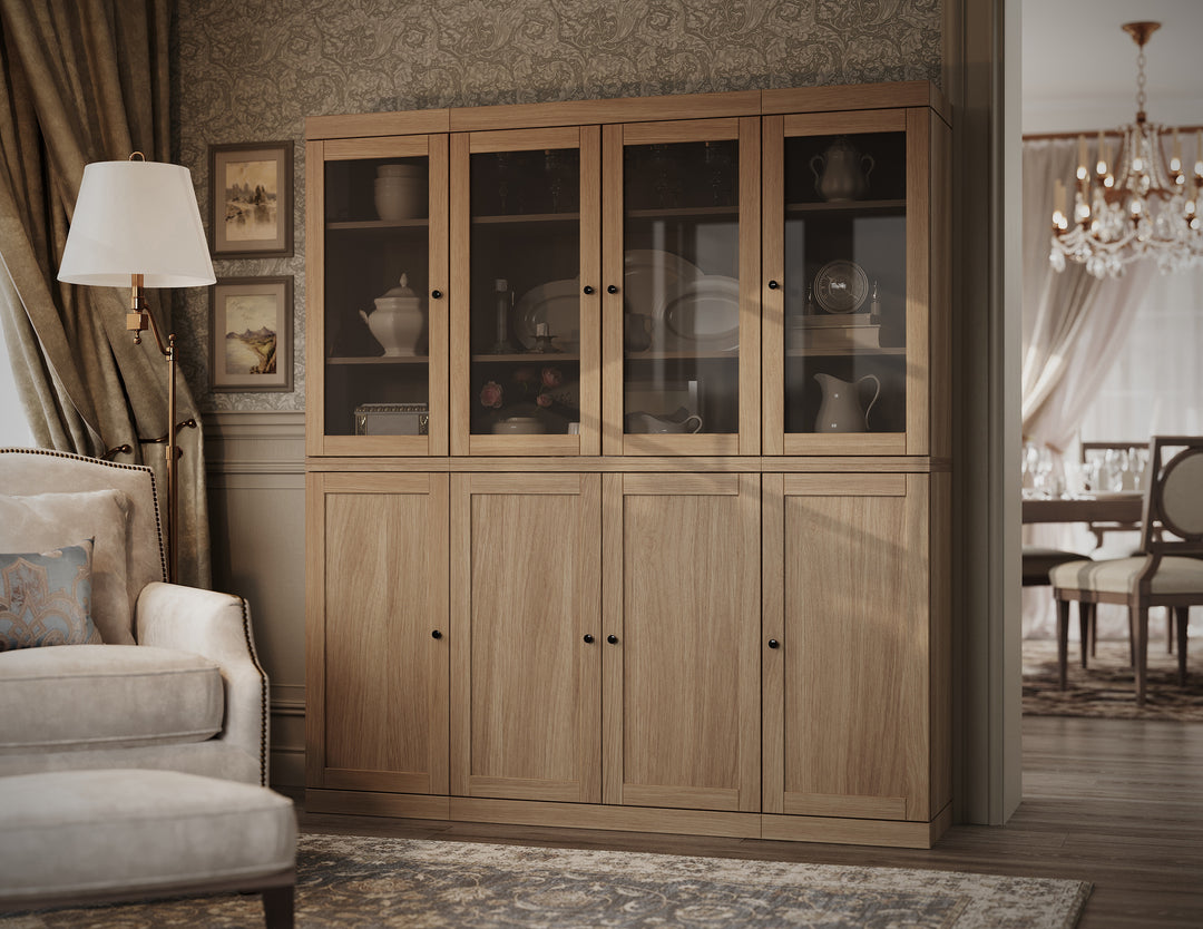 Premium 100% Solid European Oak Hardwood Modular China Cabinet with Shaker and Tinted Glass Doors – 64" Wide, 71.5" Tall