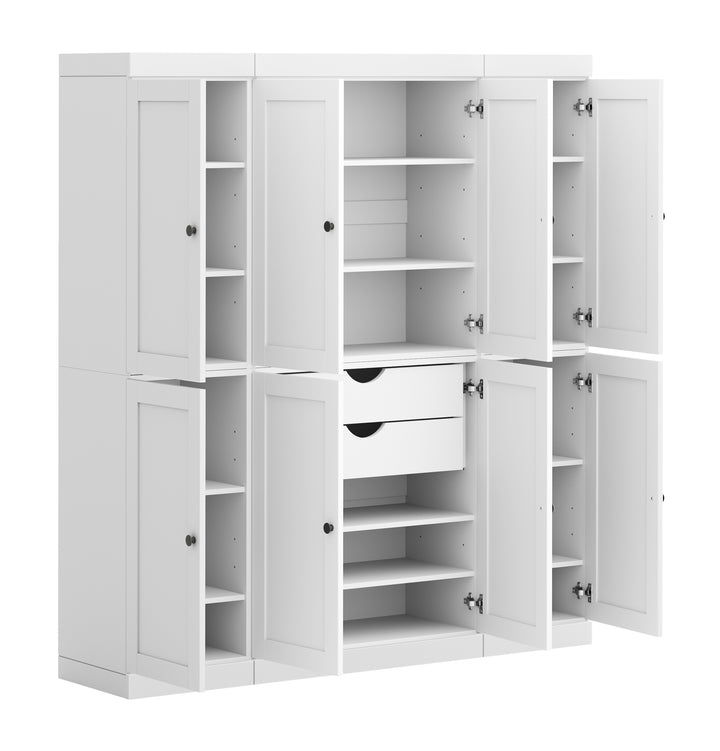 100% Solid Wood 65" Pantry Cabinet, 8 Shaker Wood Doors, 2 Drawers