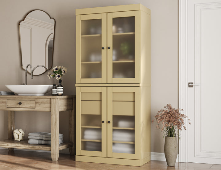 100% Solid Wood Tall Freestanding Modular Bathroom Linen Storage Cabinet with Frosted Glass Doors, 2 Drawers, Adjustable Shelves, 32" W x 71.5" H