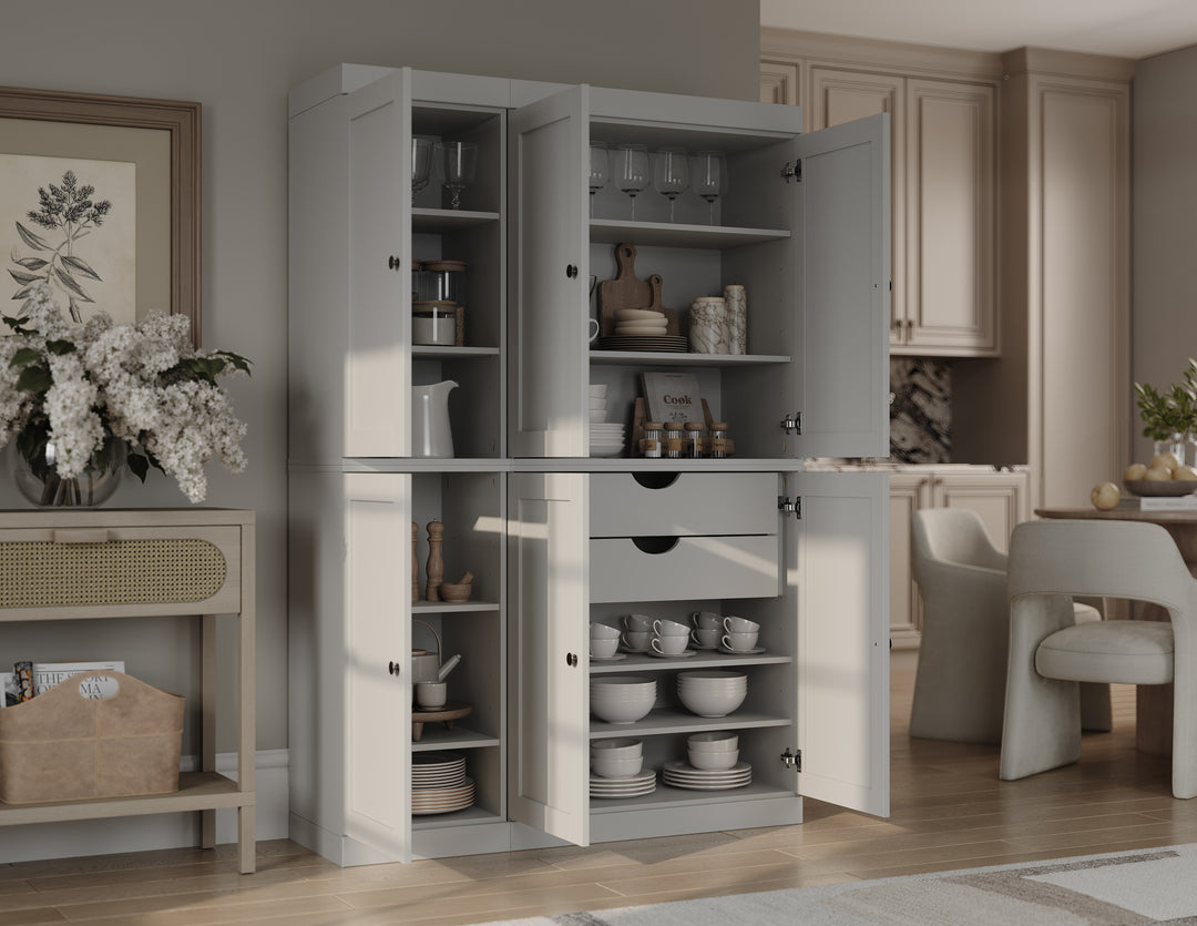 100% Solid Wood Kitchen Pantry Cabinet, Tall Freestanding Modular Storage with Shaker Doors & 2 Drawers, Adjustable Shelves, 48.5" W x 71.5" H