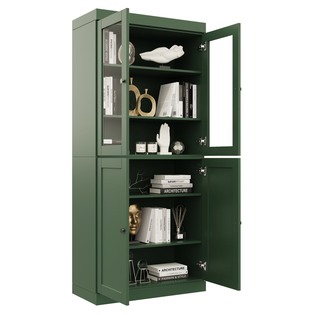 100% Solid Wood 6-Shelf 32" Bookcase, 2 Glass Doors, 2 Shaker Wood Doors, Adjustable Shelves