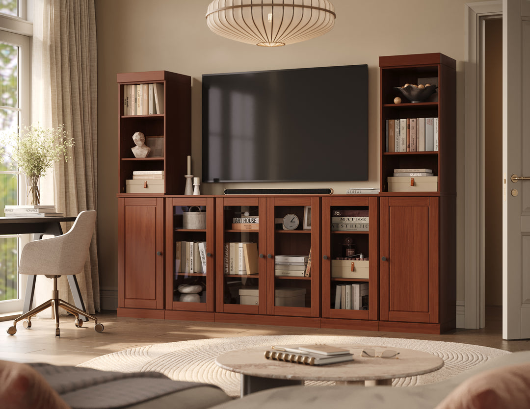 100% Solid Wood 7-Piece Entertainment Center Wall Unit with Storage, Open Cabinets, Raised Panel & Glass Doors, Adjustable Shelves, 98" W x 71.5" H