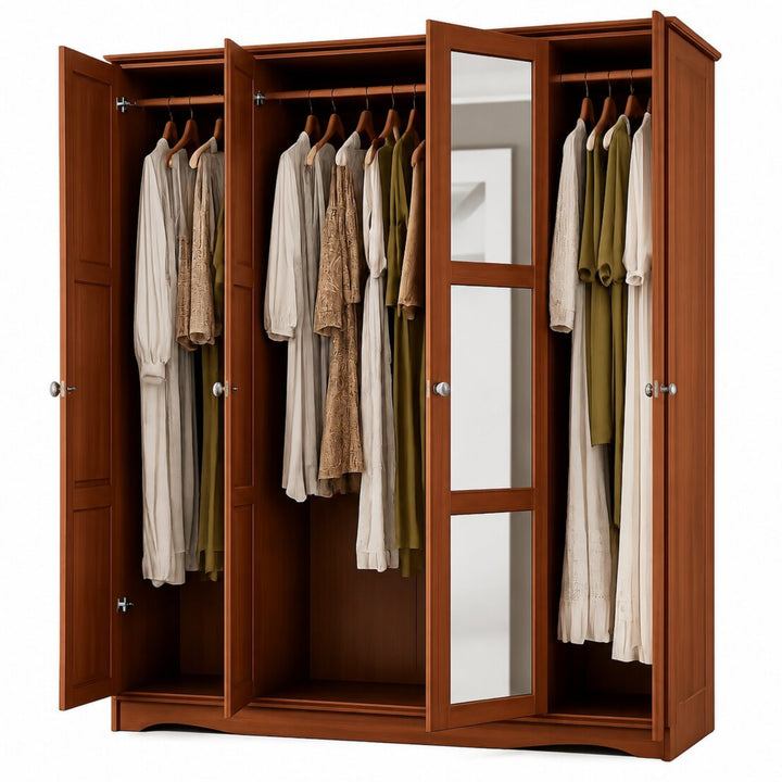 100% Solid Wood 4-Door Wardrobe Armoire with Mirrored Doors, Bedroom Closet Storage - Regal Collection with Metal Knobs