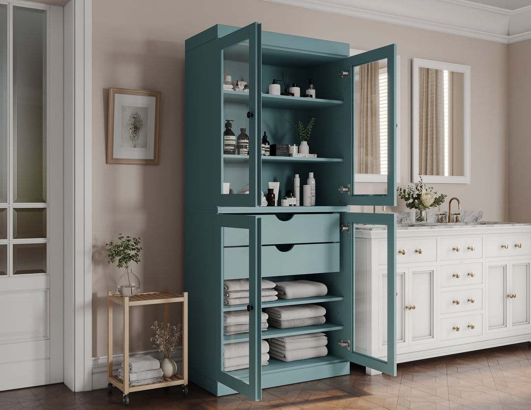 100% Solid Brazilian Pine Wood Bathroom Storage Cabinet, Clear Glass Doors, 2 Drawers, Adjustable Shelves, 32" Wide, 71.5" Tall