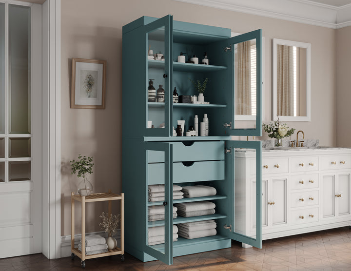 100% Solid Brazilian Pine Wood Bathroom Storage Cabinet, Clear Glass Doors, 2 Drawers, Adjustable Shelves, 32" Wide, 71.5" Tall