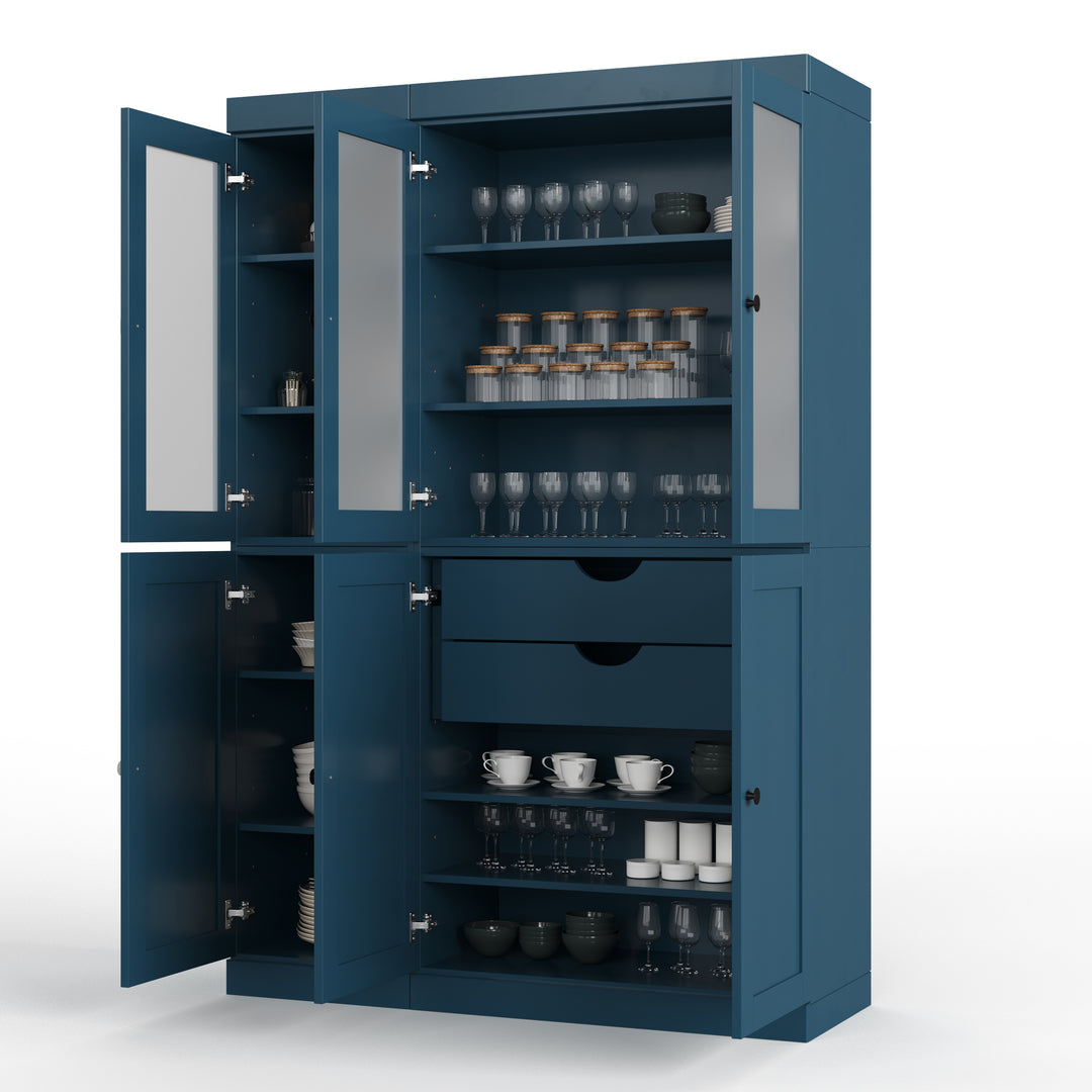 100% Solid Brazilian Pine Wood 48.5" Pantry Cabinet with Frosted Glass, Shaker Doors, 2-Drawers and Adjustable Shelves