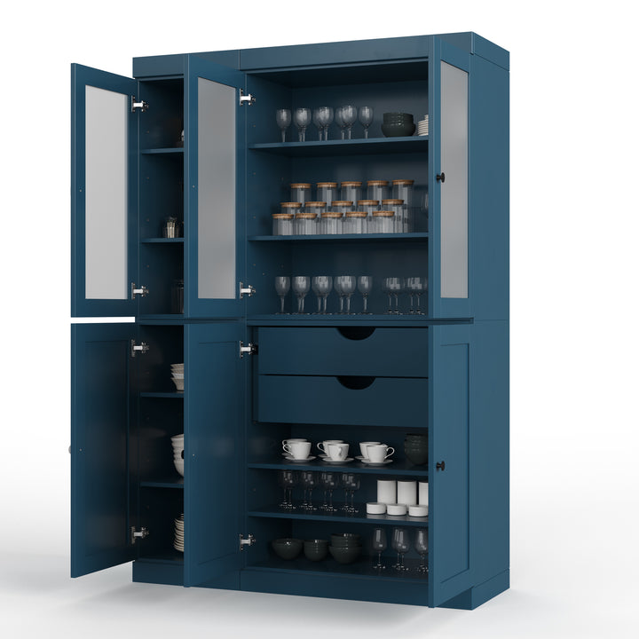 100% Solid Brazilian Pine Wood 48.5" Pantry Cabinet with Frosted Glass, Shaker Doors, 2-Drawers and Adjustable Shelves