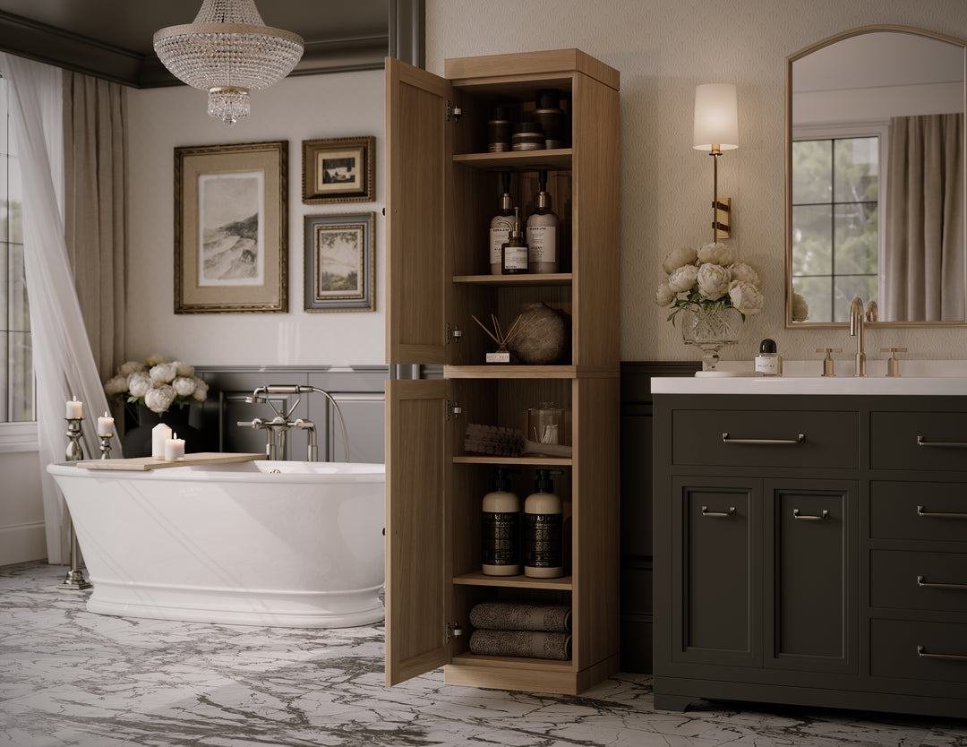 Premium 100% Solid European Oak Hardwood Bathroom Storage Cabinet with Shaker Doors – 16" Wide, 71.5" Tall