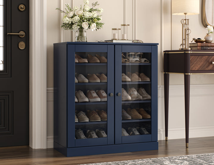 100% Solid Wood Glass Door Shoe Storage Cabinet with Adjustable Shelves, Space Saving Stackable Entryway Organizer, 32" W x 35.75" H