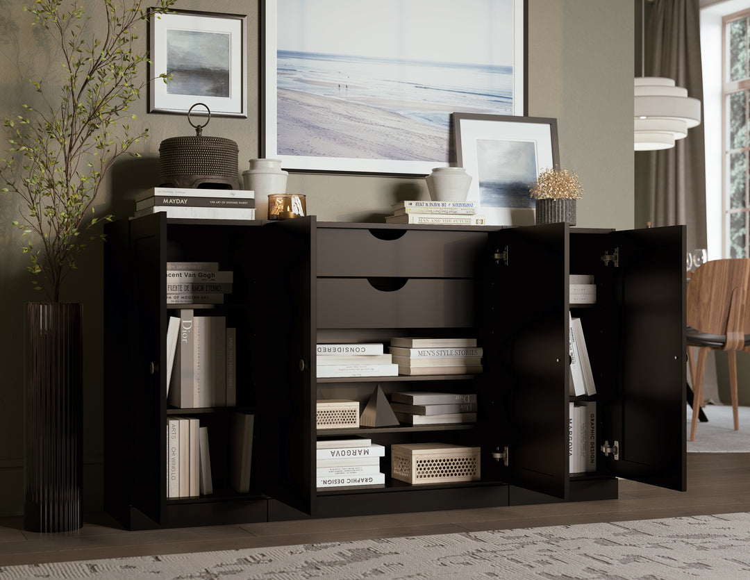 100% Solid Brazilian Pine Wood Sideboard, Shaker Doors, 2 Drawers, Adjustable Shelves, 65" Wide, 35.75" Tall