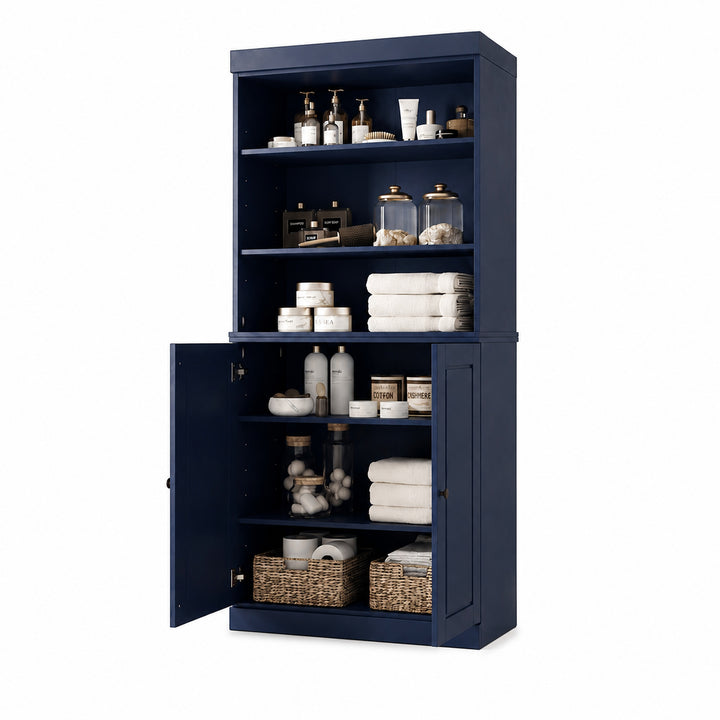 100% Solid Wood Tall Freestanding Modular Bathroom Linen Storage Cabinet with Open Shelf & Raised Panel Doors, Adjustable Shelves, 32" W x 71.5" H