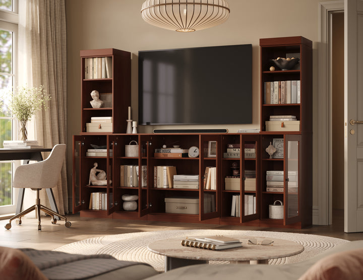 100% Solid Wood 7-Piece Entertainment Center Wall Unit with Storage, Open Cabinets & Glass Doors, Adjustable Shelves, 98" W x 71.5" H