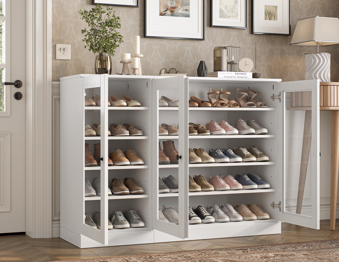 100% Solid Wood Glass Door Shoe Storage Cabinet, Adjustable Shelves, Space Saving Modular Entryway Organizer, 48.5" W x 35.75" H