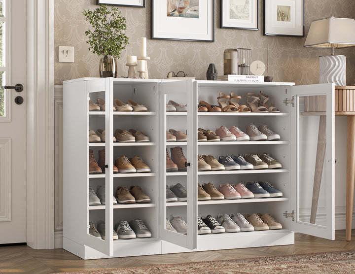 100% Solid Wood Glass Door Shoe Storage Cabinet, Adjustable Shelves, Space Saving Modular Entryway Organizer, 48.5" W x 35.75" H