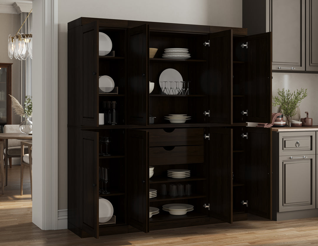100% Solid Wood Kitchen Pantry Cabinet, Tall Freestanding Modular Storage with Raised Panel Doors & 2 Drawers, Adjustable Shelves, 65" W x 71.5" H