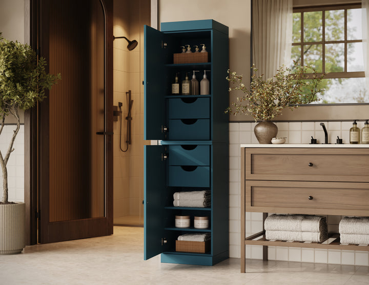 100% Solid Wood Bathroom Storage Cabinet, Raised Panel Doors, 4 Drawers, Adjustable Shelves, 16.5" Wide, 71.5" Tall